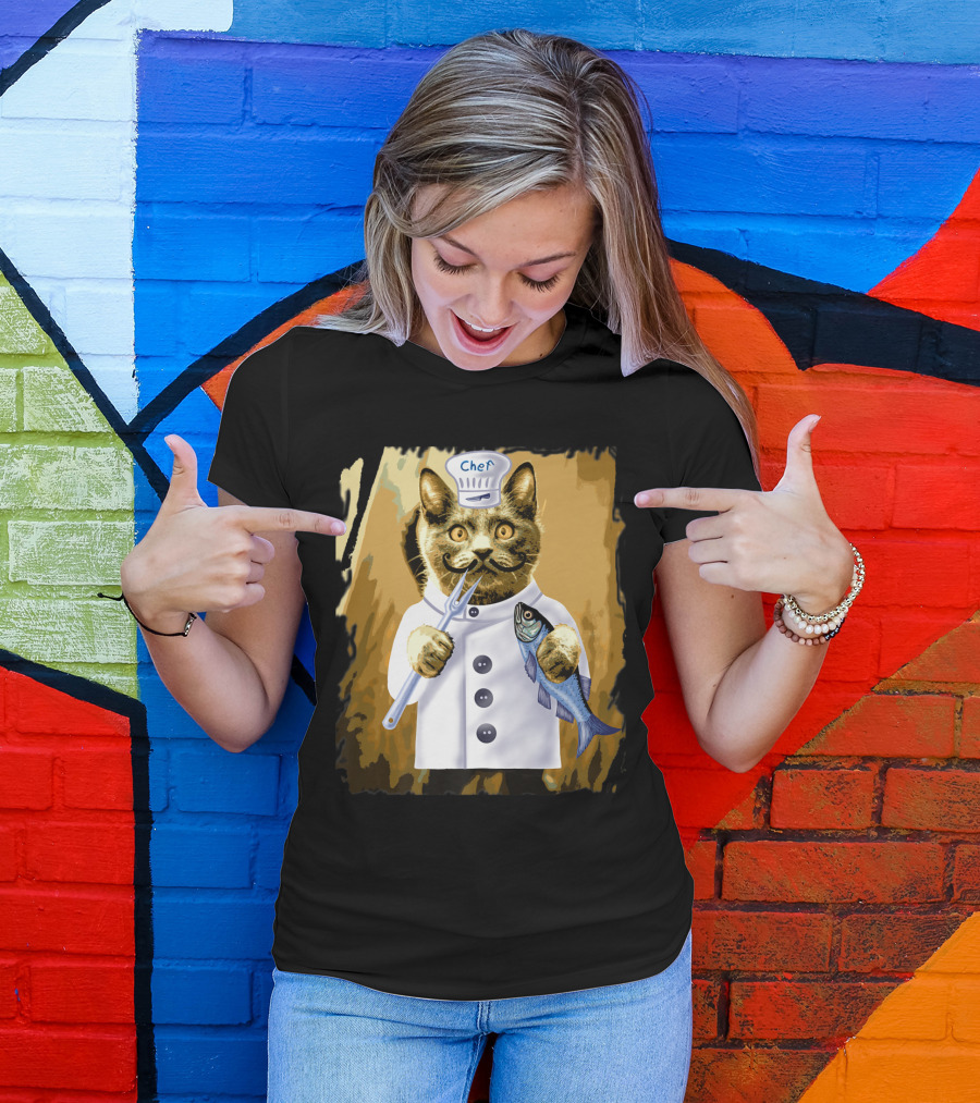 Chef Cat Culinary Cooking Guru With Fish And Fork T-Shirt