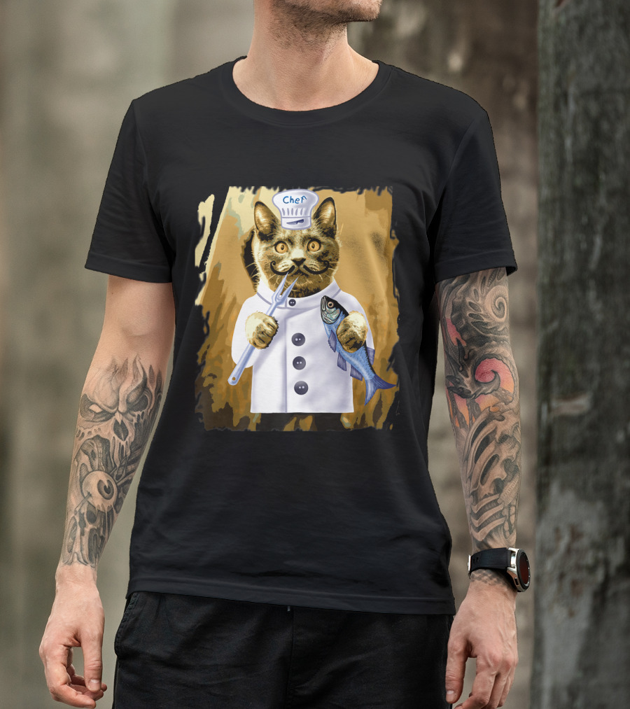 Chef Cat Culinary Cooking Guru With Fish And Fork T-Shirt