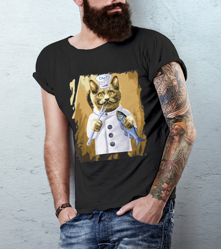 Chef Cat Culinary Cooking Guru With Fish And Fork T-Shirt