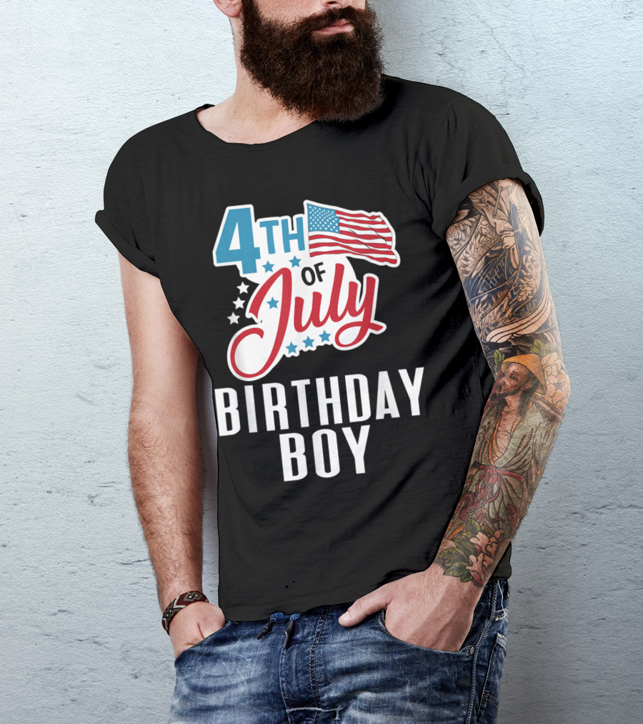 4th Of July Birthday Boy With American Flag And Stars T-Shirt