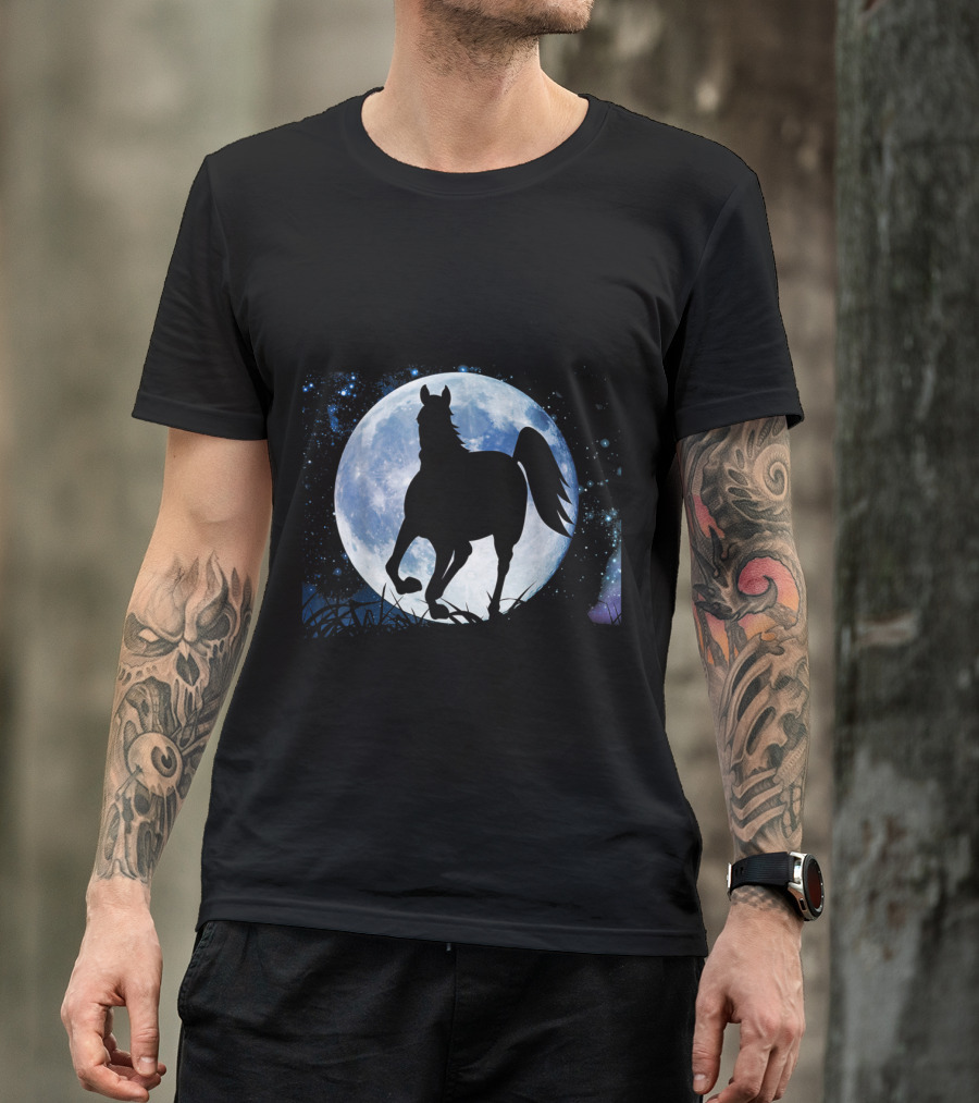 Horse Silhouette Against Full Moon Starry Night Sky T-Shirt