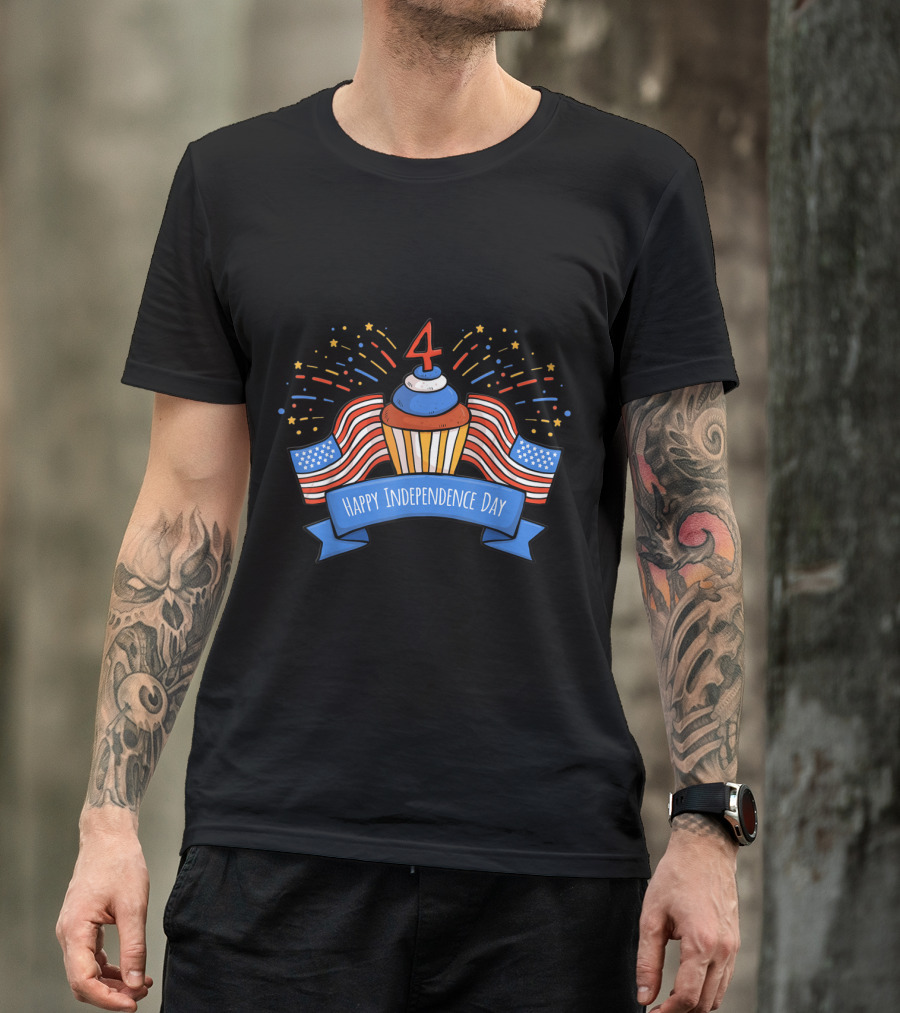 4th Of July Birthday Cake With Happy Independence Day Banner And Flags T-Shirt