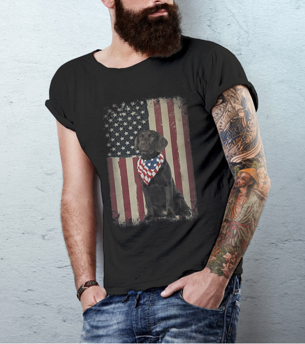 Black Lab Wearing American Flag Bandana In Front Of Vintage 4th Of July T-Shirt