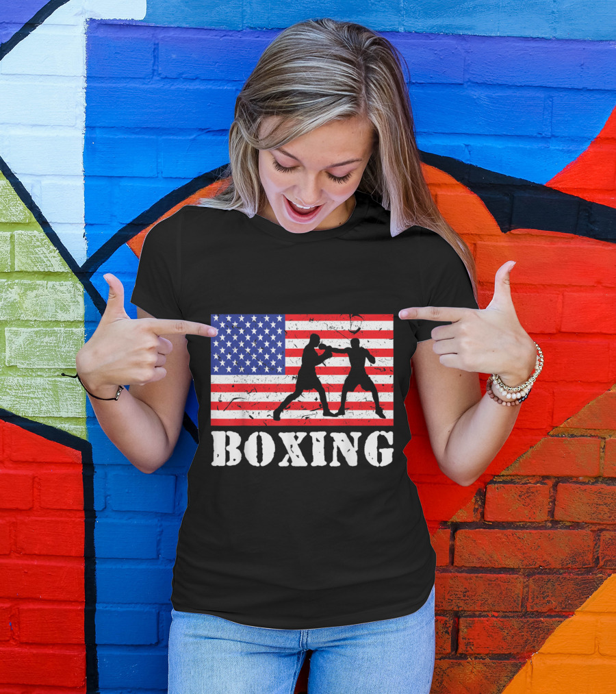 Boxing Silhouette Over Distressed American Flag USA T-Shirt