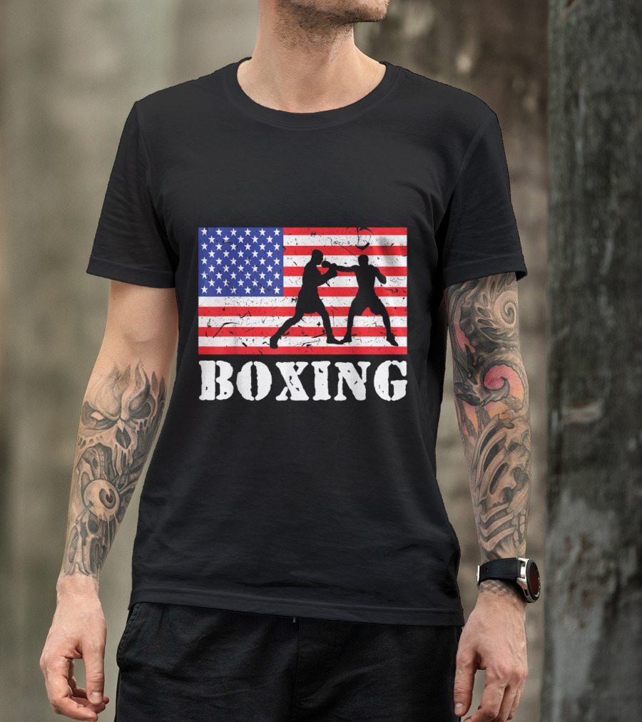 Boxing Silhouette Over Distressed American Flag USA T-Shirt