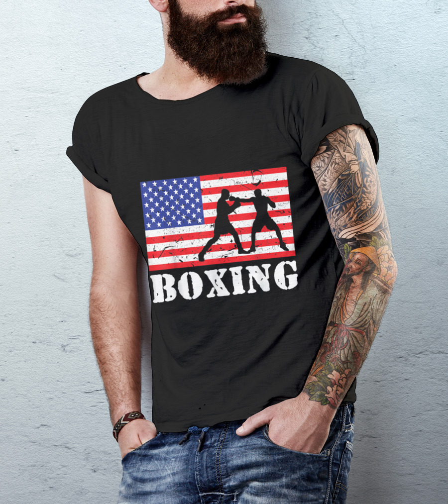 Boxing Silhouette Over Distressed American Flag USA T-Shirt