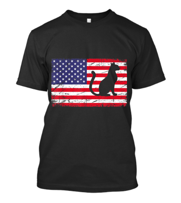 American Flag Distressed Silhouette Cat Patriotic T-Shirt