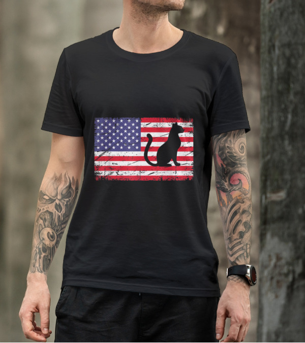 American Flag Distressed Silhouette Cat Patriotic T-Shirt