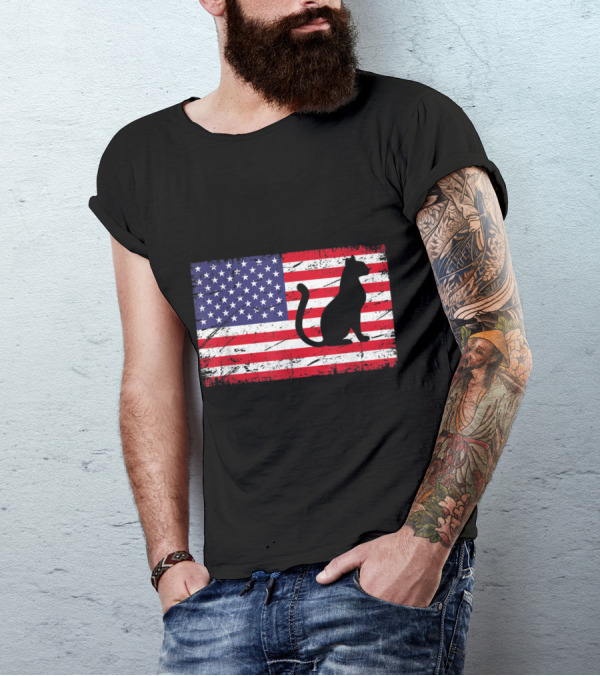 American Flag Distressed Silhouette Cat Patriotic T-Shirt