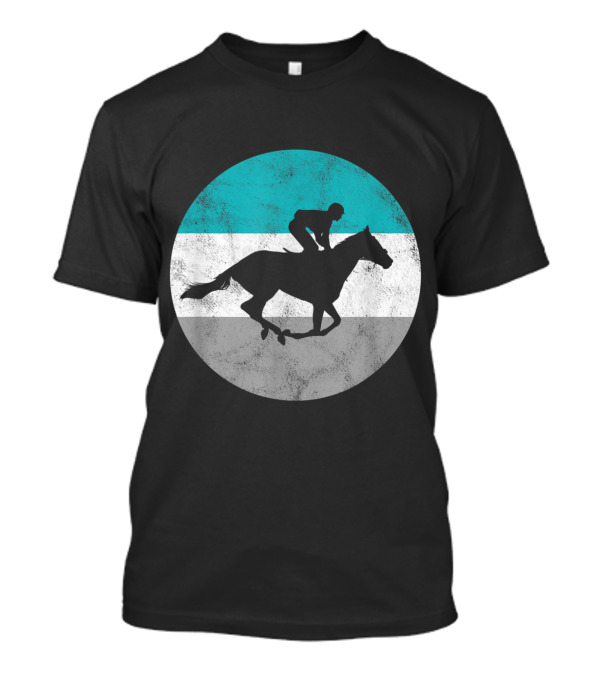 Jockey Silhouette On Horse Against Turquoise Grey White Stripes T-Shirt