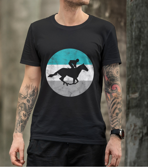 Jockey Silhouette On Horse Against Turquoise Grey White Stripes T-Shirt