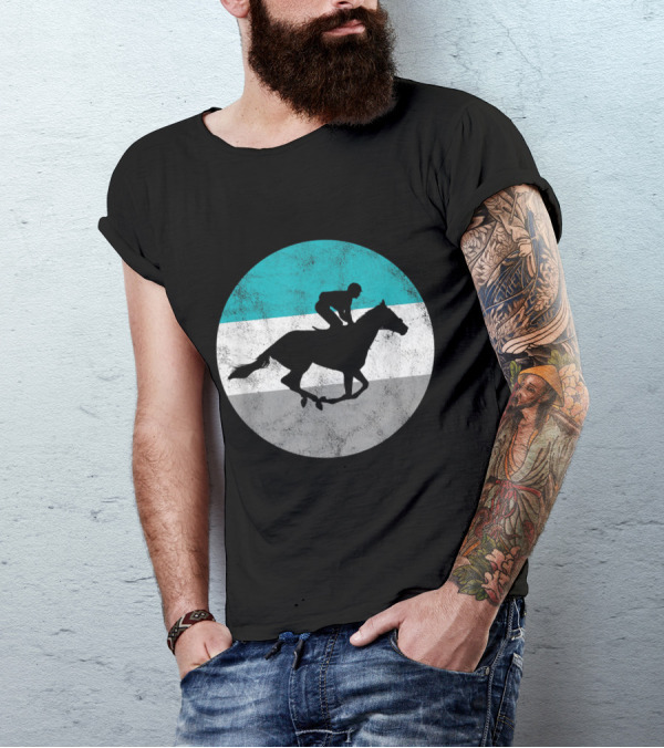 Jockey Silhouette On Horse Against Turquoise Grey White Stripes T-Shirt