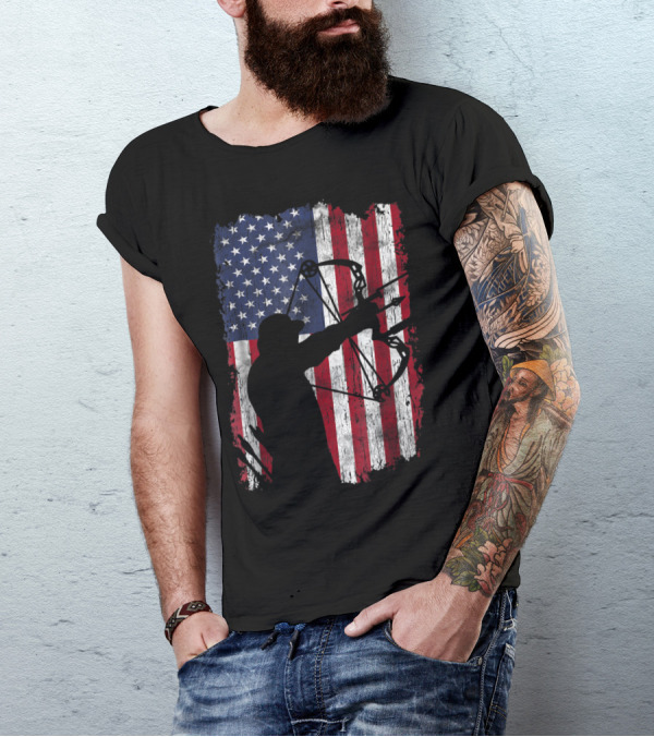 Distressed Compound Bow Archer American Flag Background T-Shirt
