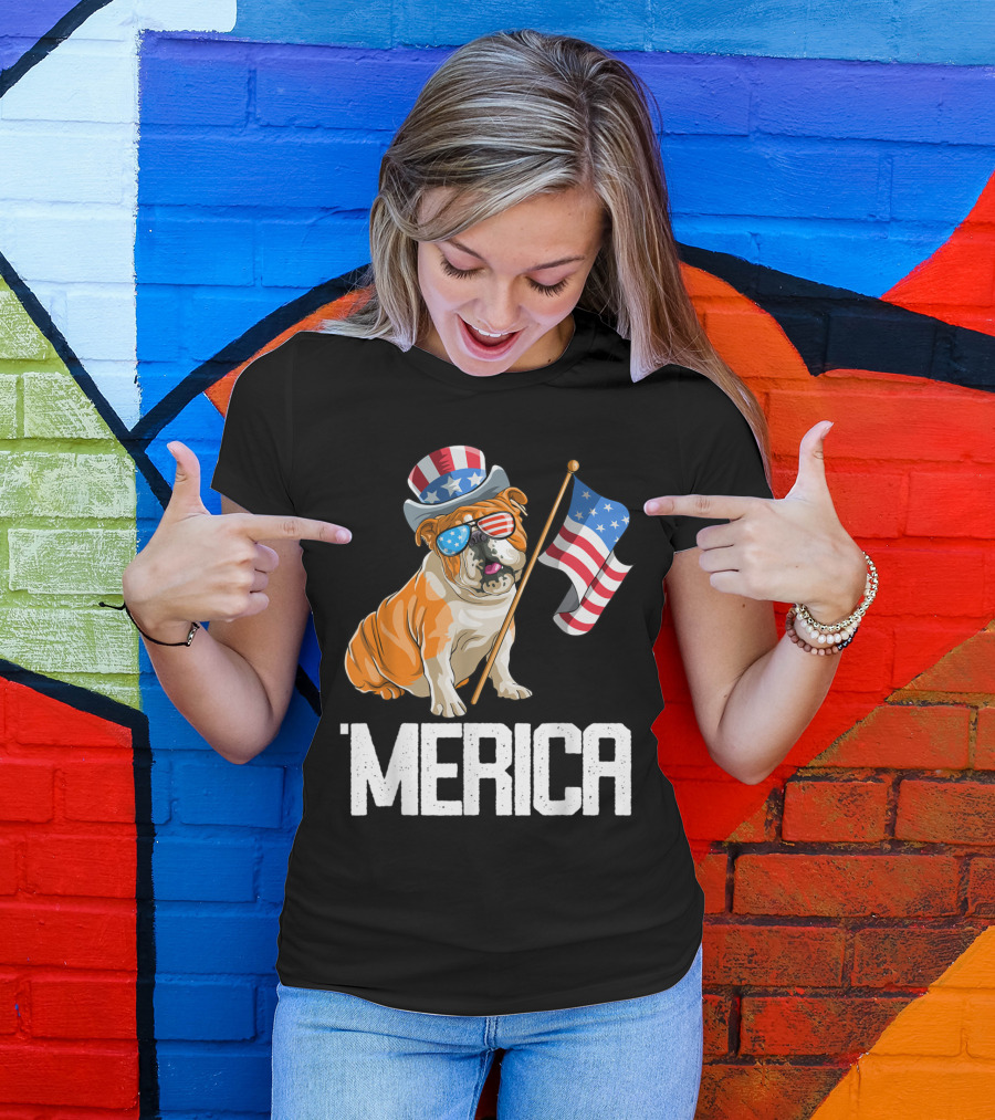 4th Of July Bulldog Patriotic Merica Flag Hat Sunglasses T-Shirt
