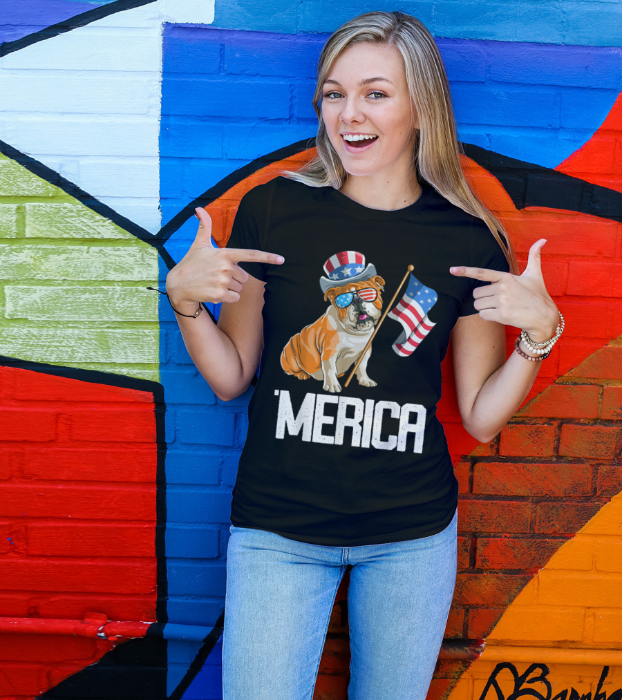 4th Of July Bulldog Patriotic Merica Flag Hat Sunglasses T-Shirt