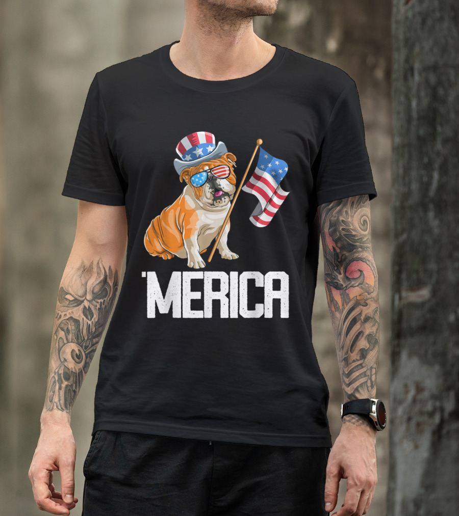 4th Of July Bulldog Patriotic Merica Flag Hat Sunglasses T-Shirt