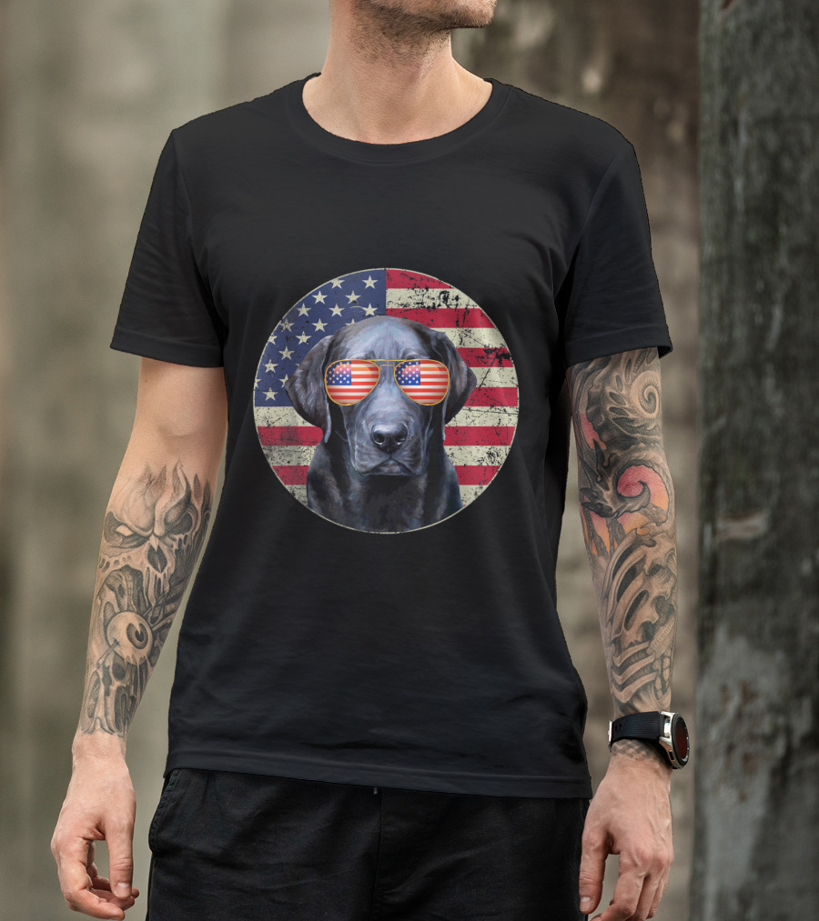 Fourth Of July Black Lab Wearing American Flag Sunglasses With USA Flag Background T-Shirt
