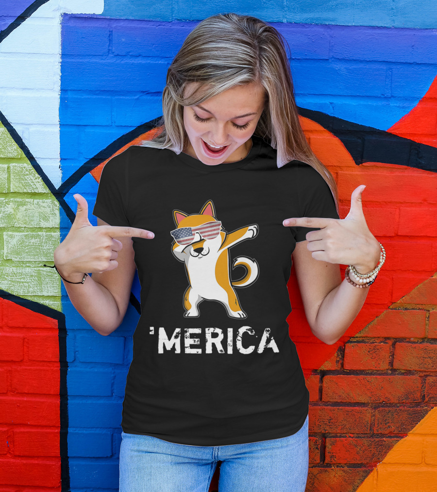 4th Of July Dabbing Shiba Inu Akita Merica Patriotic Dog With American Flag Sunglasses T-Shirt