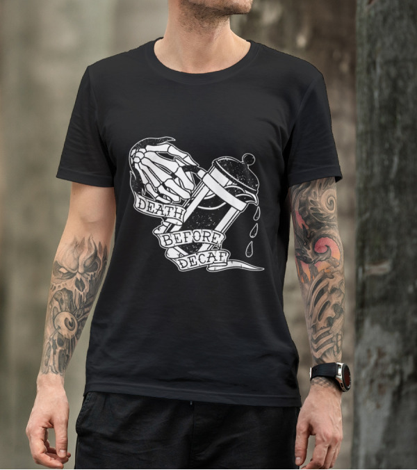Distressed Skeleton Hand Holding French Press Death Before Decaf T-Shirt