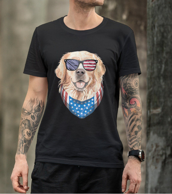 Patriotic Dog With American Flag Bandana And Sunglasses Fourth Of July T-Shirt
