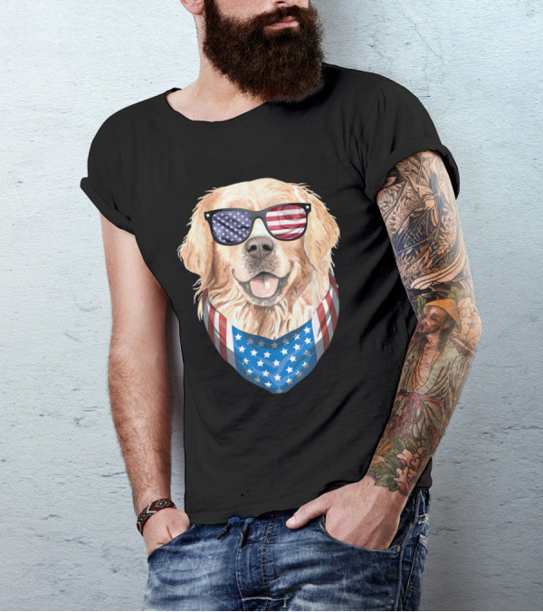 Patriotic Dog With American Flag Bandana And Sunglasses Fourth Of July T-Shirt