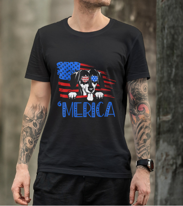 Merica Dachshund With American Flag Sunglasses 4th Of July T-Shirt