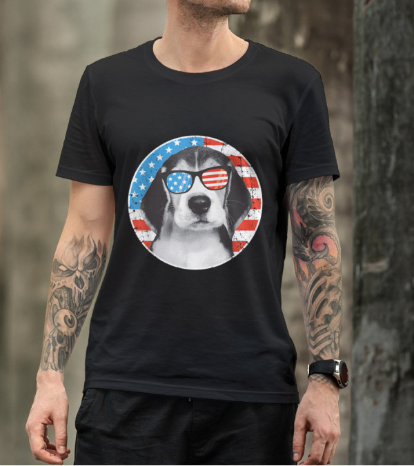 Fourth Of July American Flag Dog With Patriotic Sunglasses T-Shirt
