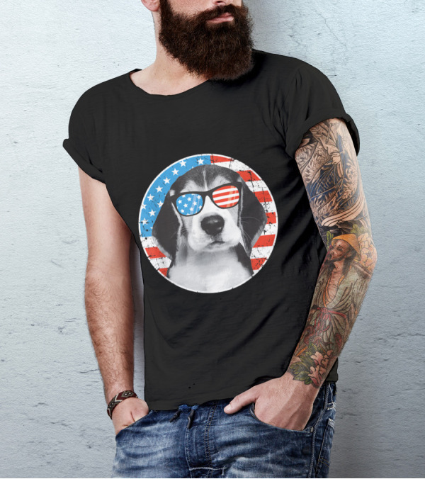 Fourth Of July American Flag Dog With Patriotic Sunglasses T-Shirt