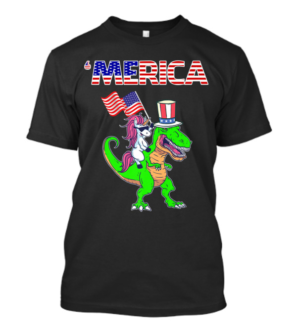 Merica Dinosaur Patriotic Unicorn With American Flag 4th Of July T-Shirt