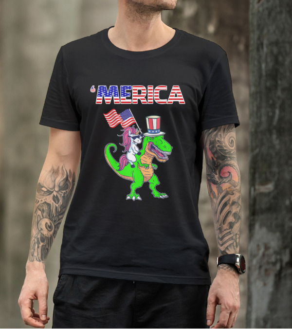 Merica Dinosaur Patriotic Unicorn With American Flag 4th Of July T-Shirt
