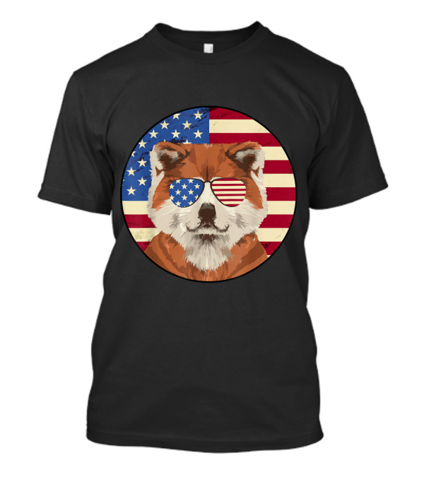 Akita Dog Wearing American Flag Sunglasses On 4th Of July With US Flag Background T-Shirt