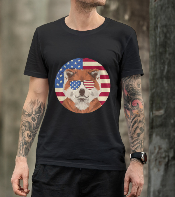 Akita Dog Wearing American Flag Sunglasses On 4th Of July With US Flag Background T-Shirt