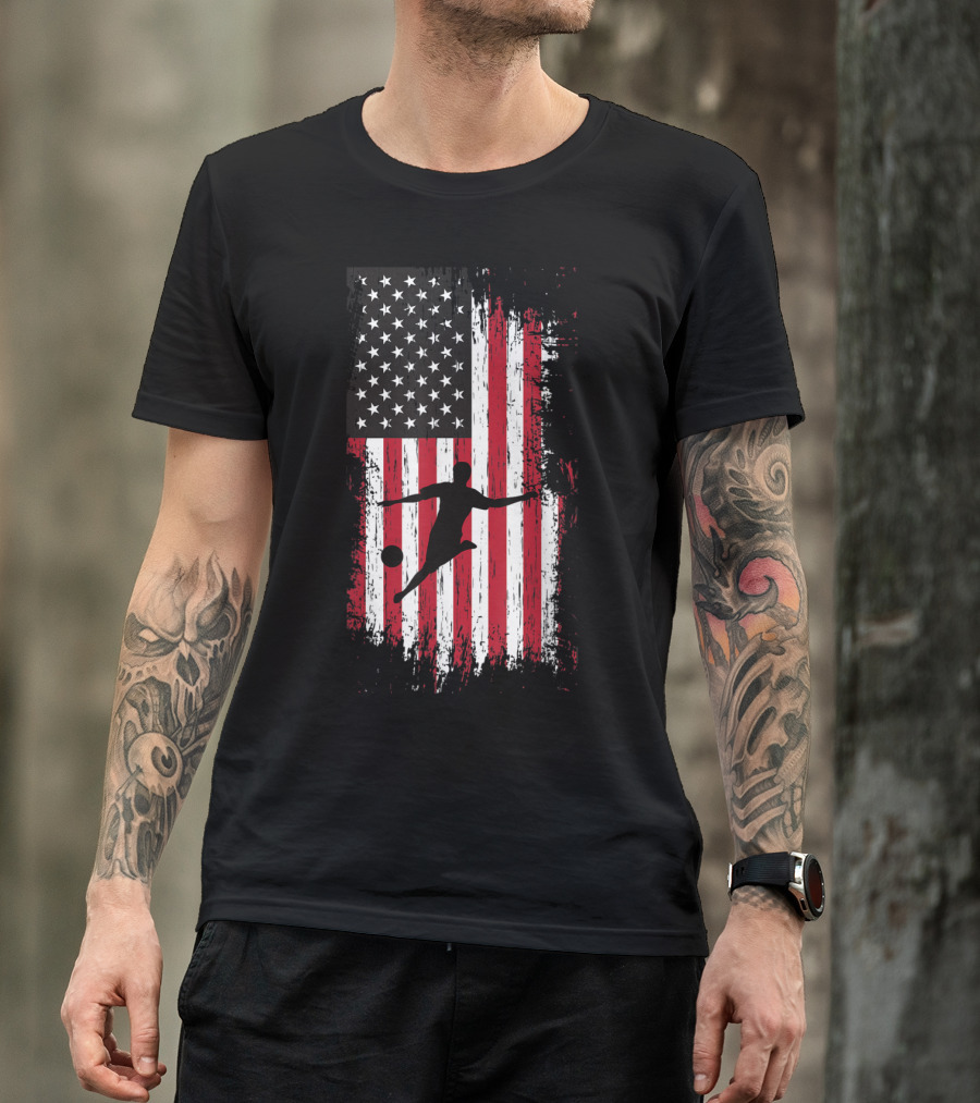 Silhouette Soccer Player With American Flag Fourth Of July T-Shirt