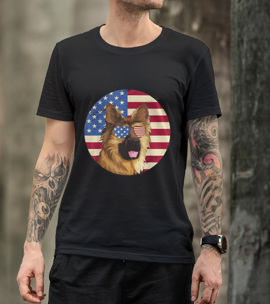 4th Of July Dog American Flag German Shepherd Wearing Patriotic Sunglasses T-Shirt