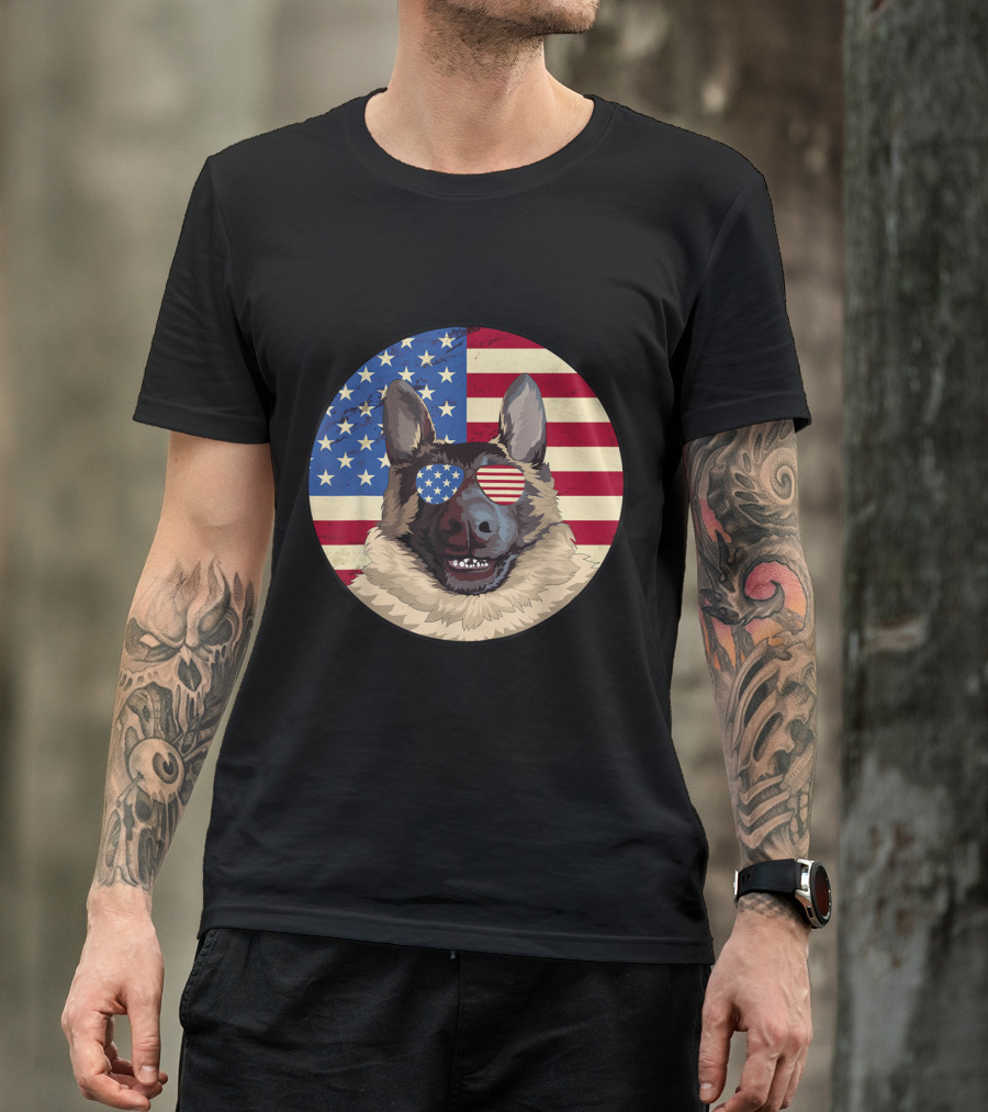 Patriotic German Shepherd With Sunglasses And American Flag 4th Of July T-Shirt