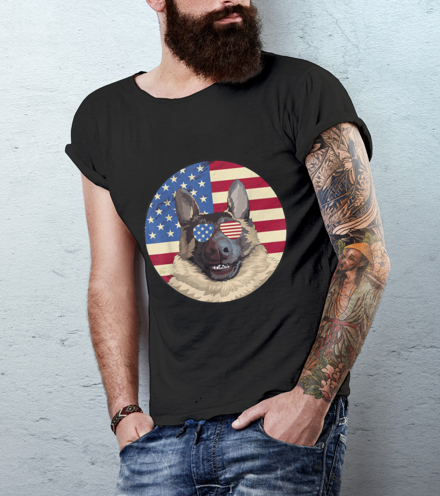 Patriotic German Shepherd With Sunglasses And American Flag 4th Of July T-Shirt