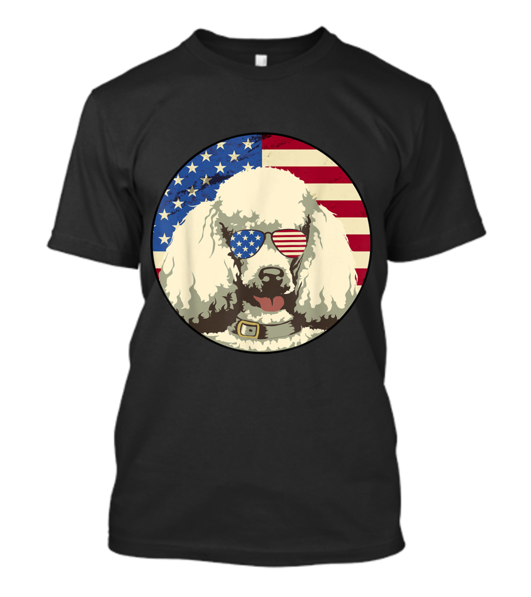 Poodle Wearing American Flag Sunglasses 4th Of July Dog With USA Flag Background T-Shirt