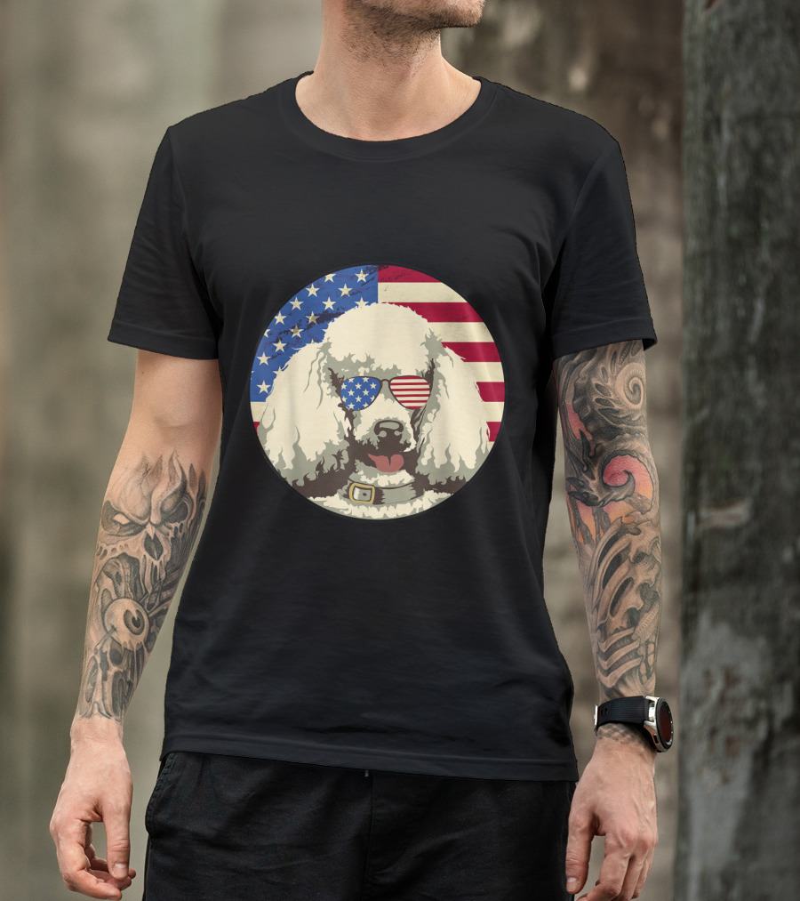 Poodle Wearing American Flag Sunglasses 4th Of July Dog With USA Flag Background T-Shirt