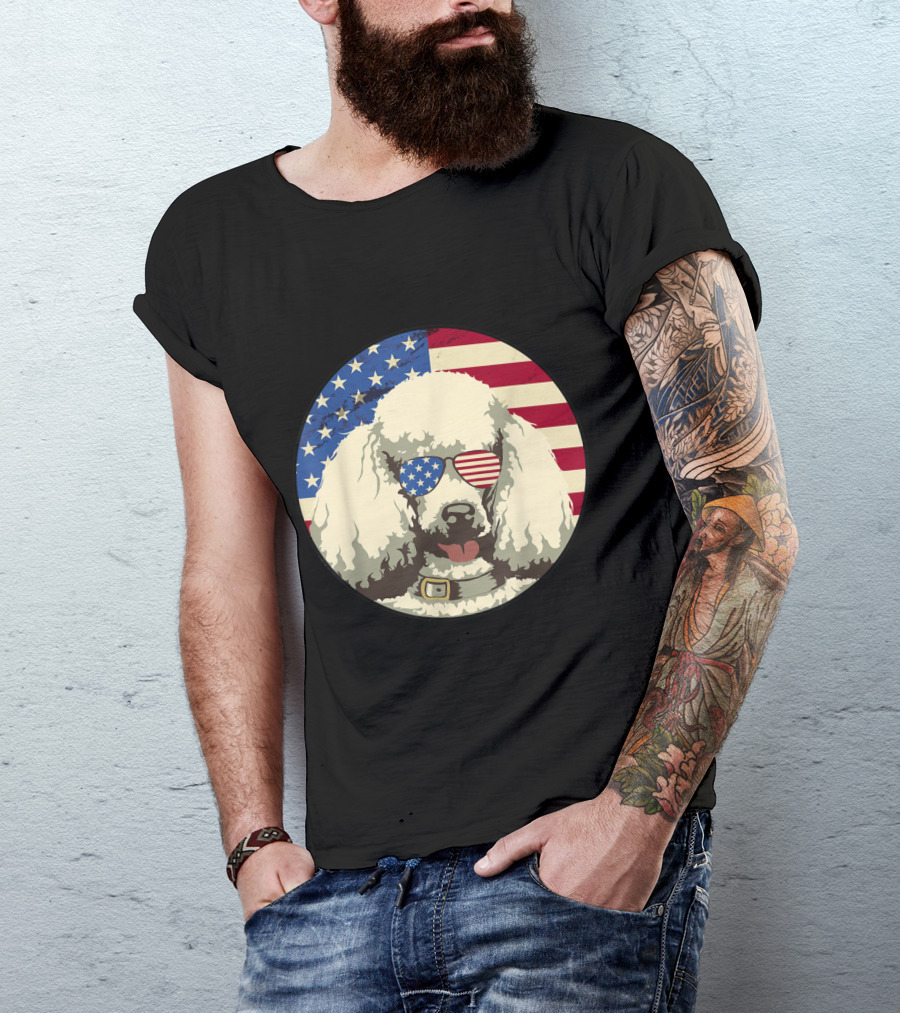 Poodle Wearing American Flag Sunglasses 4th Of July Dog With USA Flag Background T-Shirt