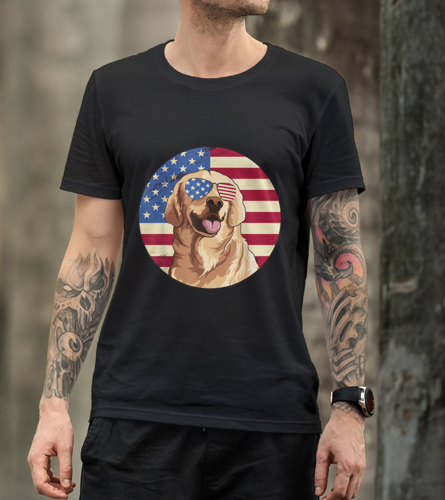Patriotic 4th Of July Golden Retriever With American Flag Sunglasses T-Shirt