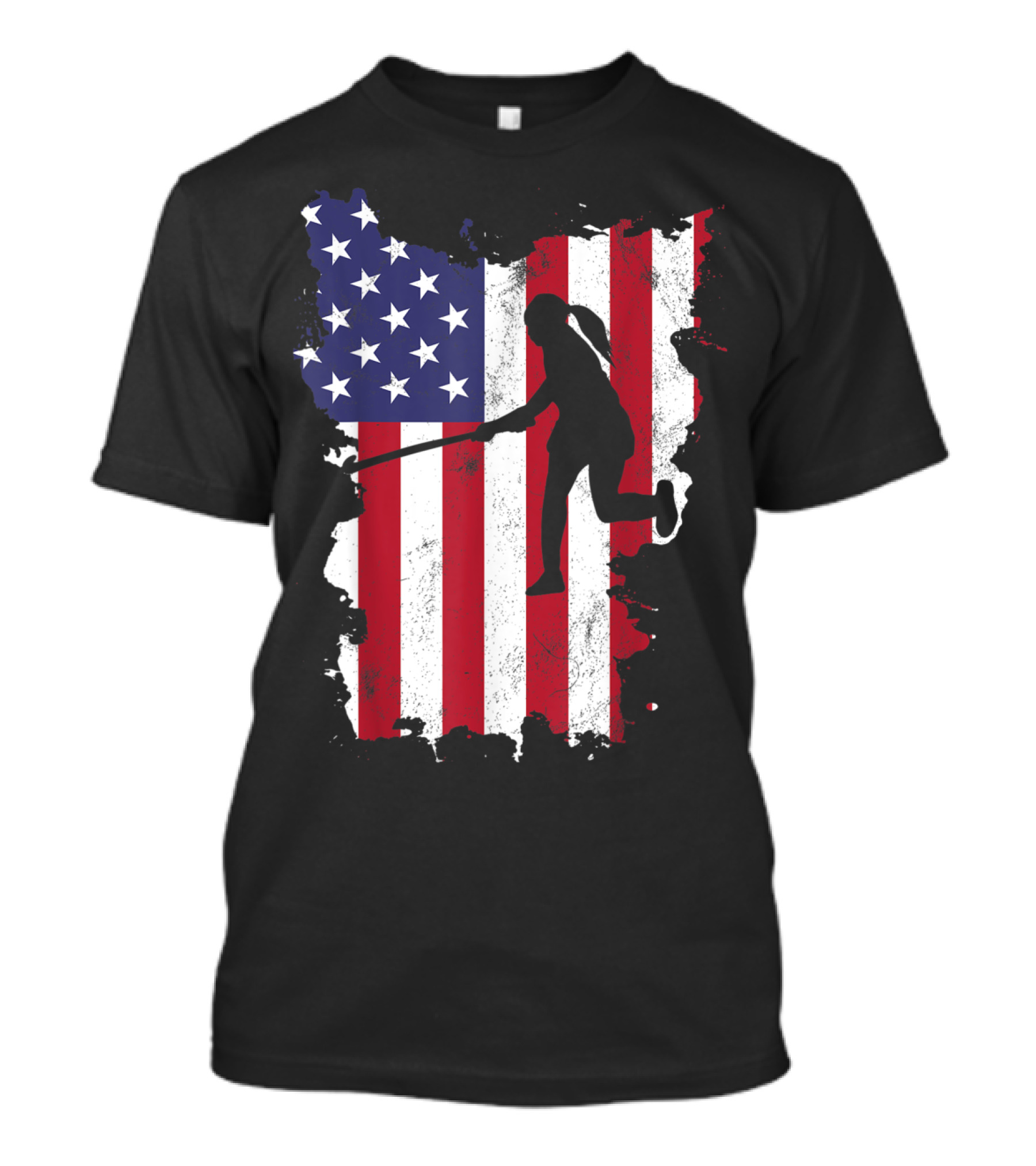 4th Of July USA Field Hockey Girl Silhouette On American Flag T-Shirt