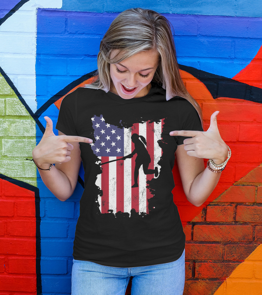 4th Of July USA Field Hockey Girl Silhouette On American Flag T-Shirt