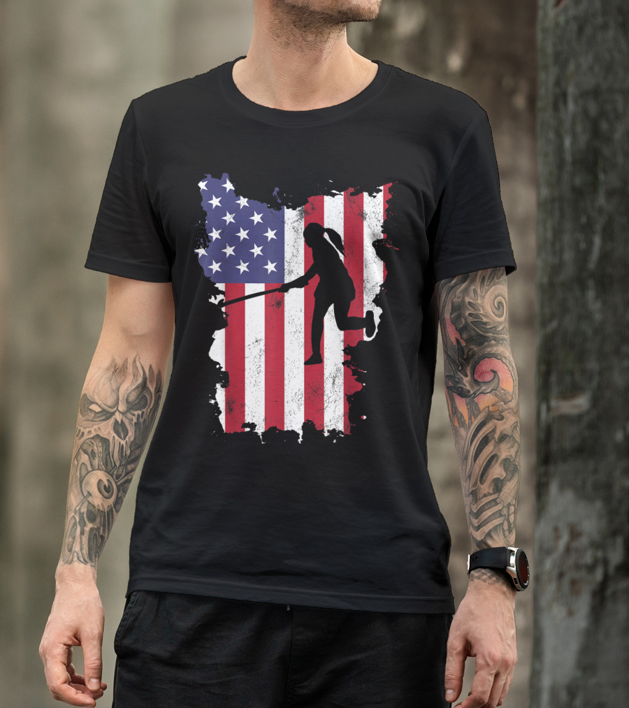 4th Of July USA Field Hockey Girl Silhouette On American Flag T-Shirt