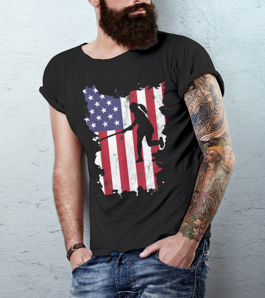 4th Of July USA Field Hockey Girl Silhouette On American Flag T-Shirt