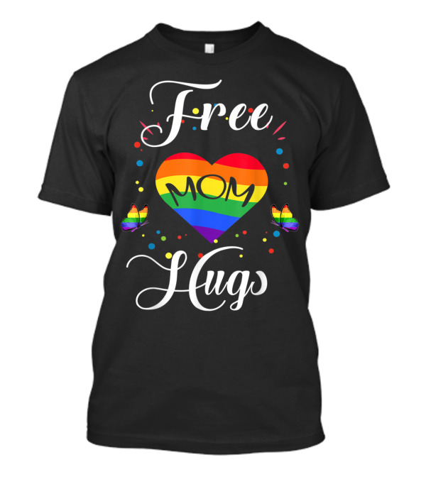 Free Mom Hugs Heart Rainbow Butterflies Gray Pride LGB T-Shirt
