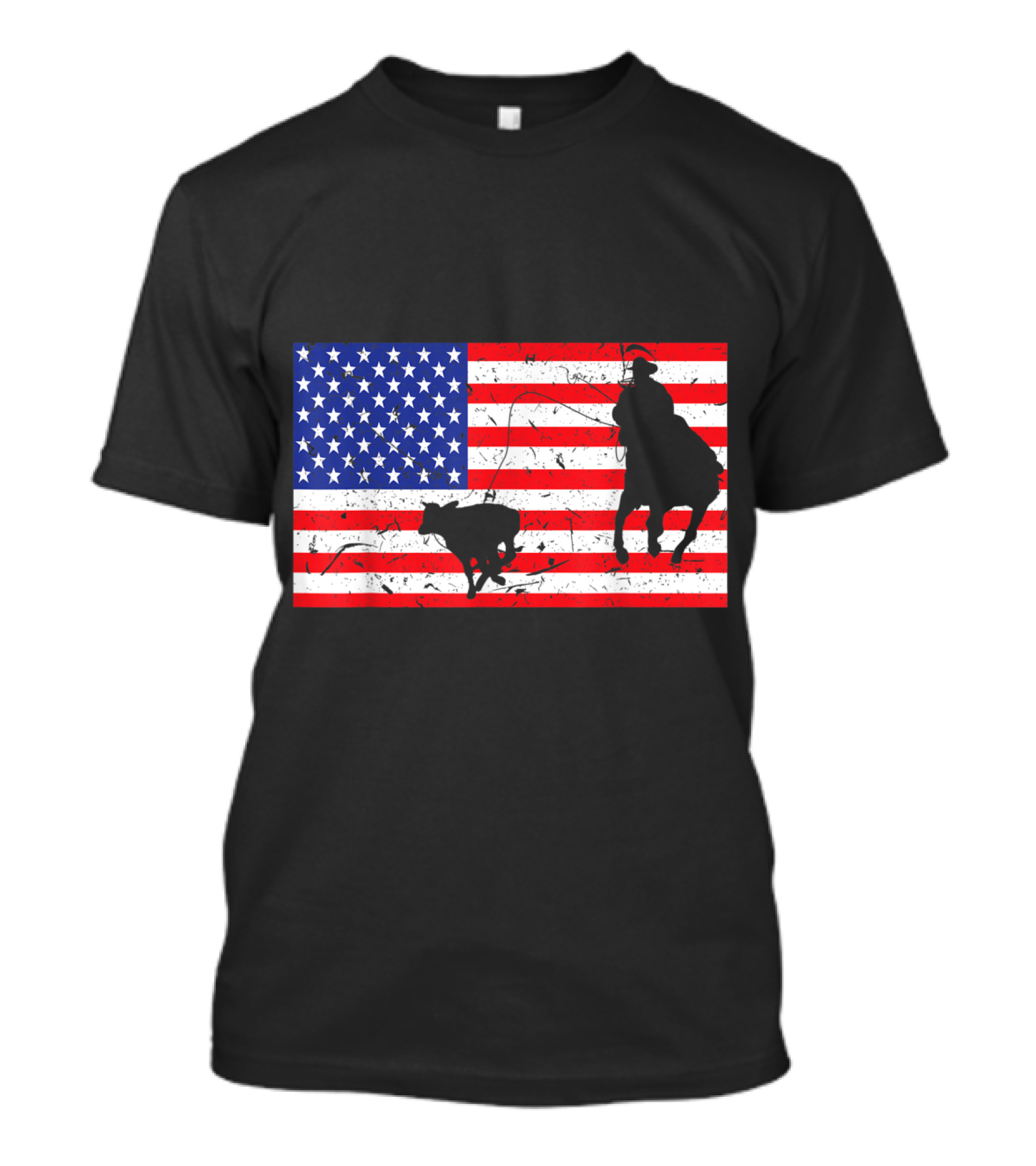 Distressed American Flag Silhouette Of Roping Cowboy And Bull T-Shirt