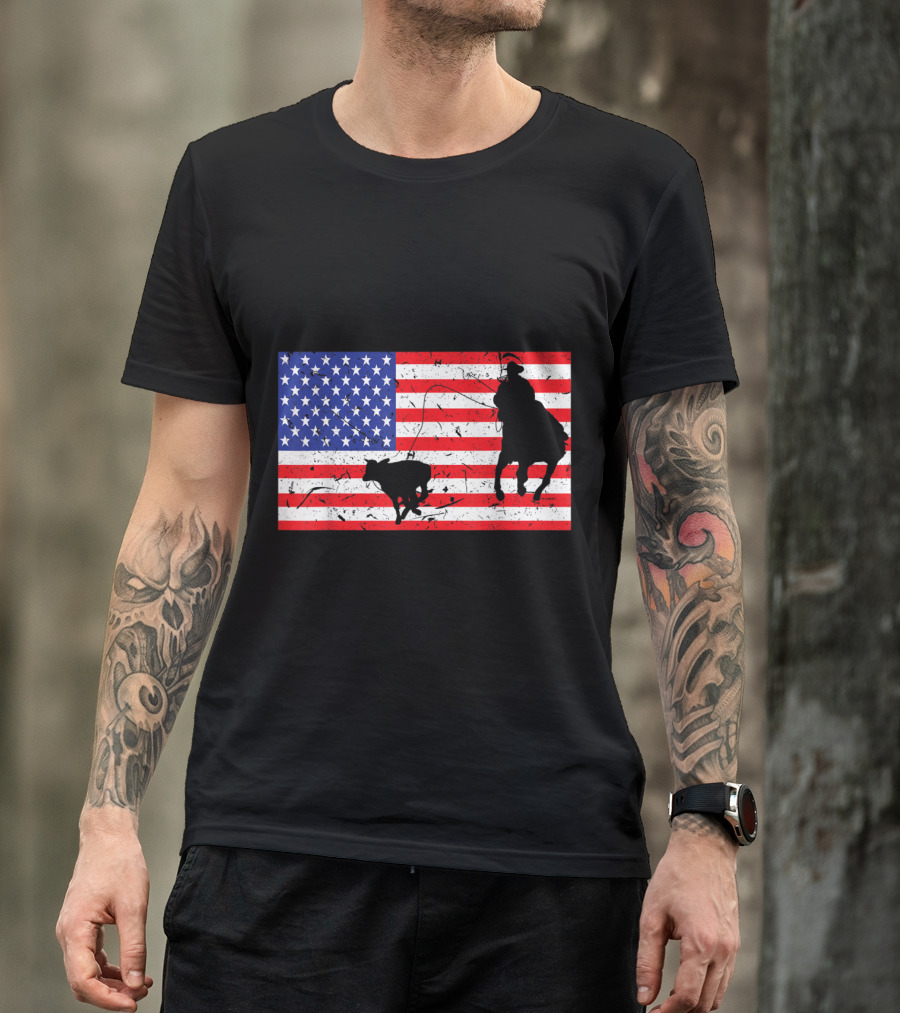 Distressed American Flag Silhouette Of Roping Cowboy And Bull T-Shirt