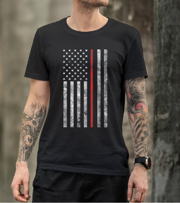 Distressed Thin Red Line American Flag Firefighter Tribute Iconic Symbol Hero Support T-Shirt