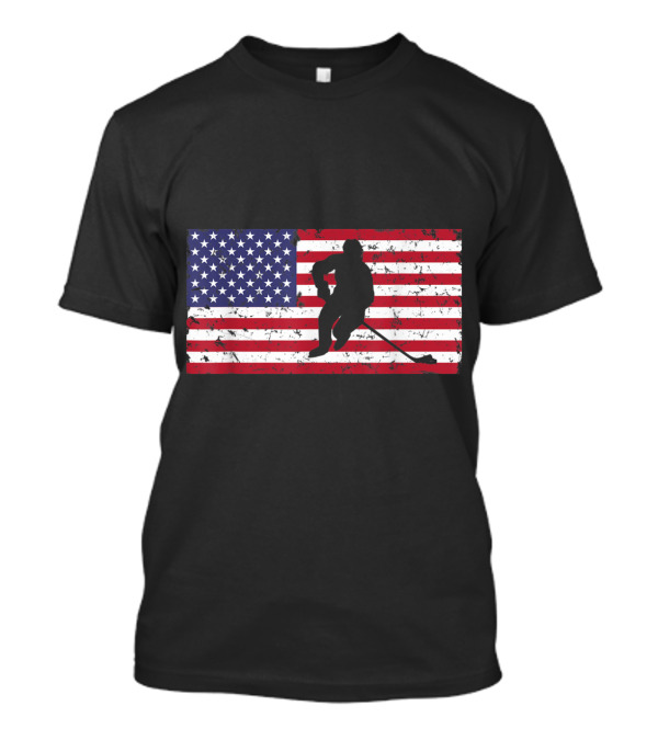 Distressed American Flag With Hockey Player Silhouette USA T-Shirt