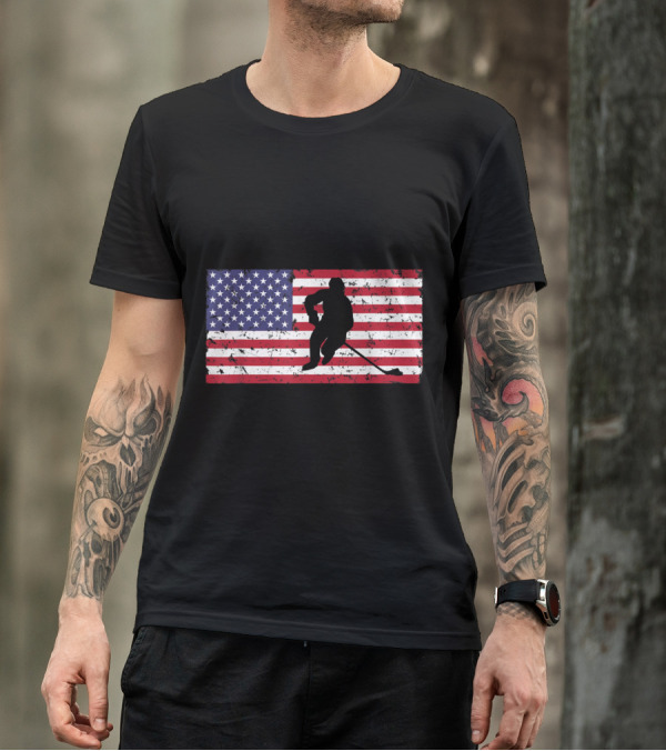 Distressed American Flag With Hockey Player Silhouette USA T-Shirt